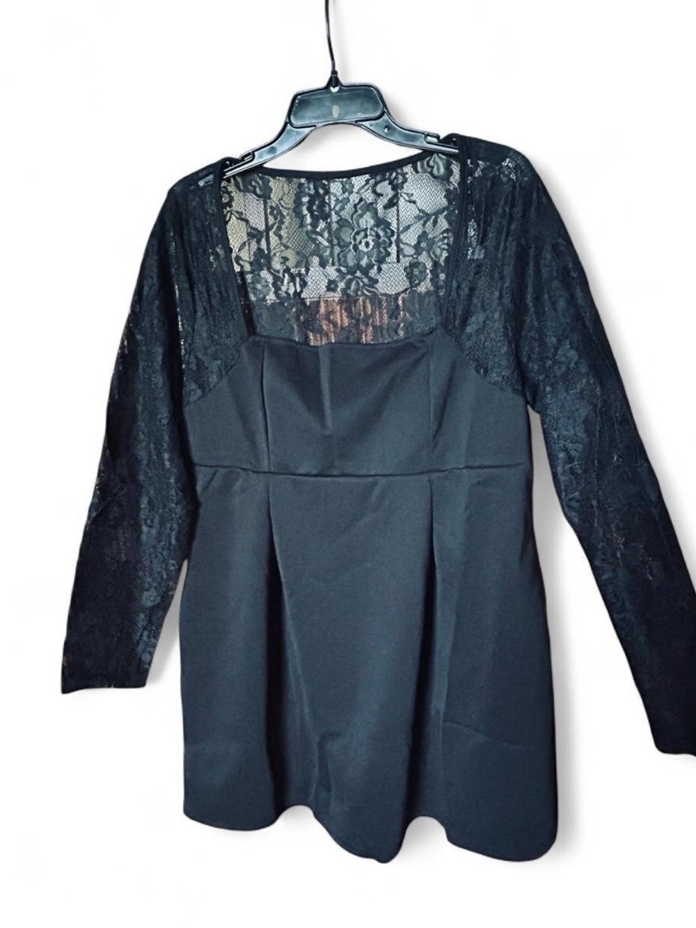 Plus size Black Dress with Lace long sleeves and lace upper back, sleek fitted.